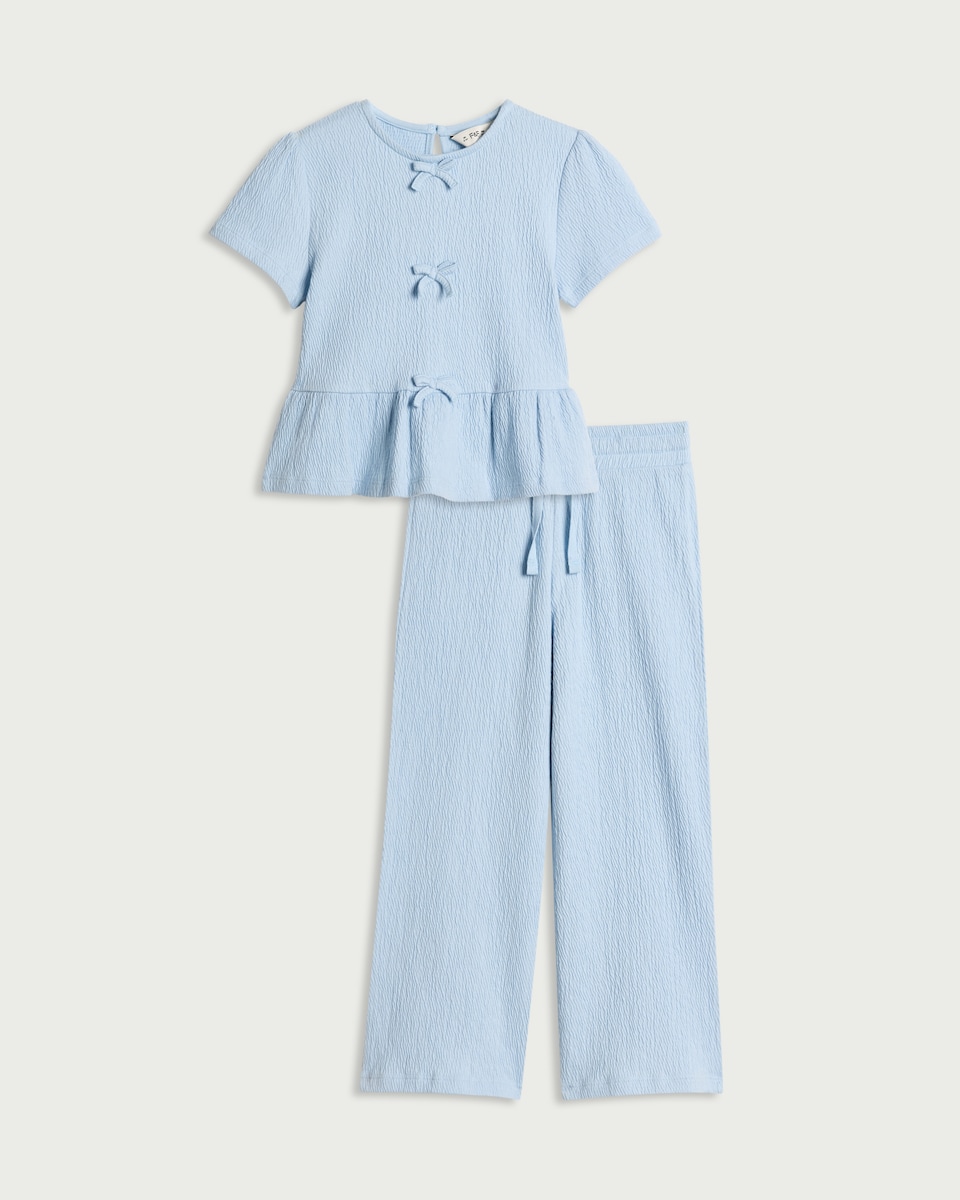 image 1 of F&F Girls 2-Piece Cotton Rich Textured Top and Trousers Set in Blue