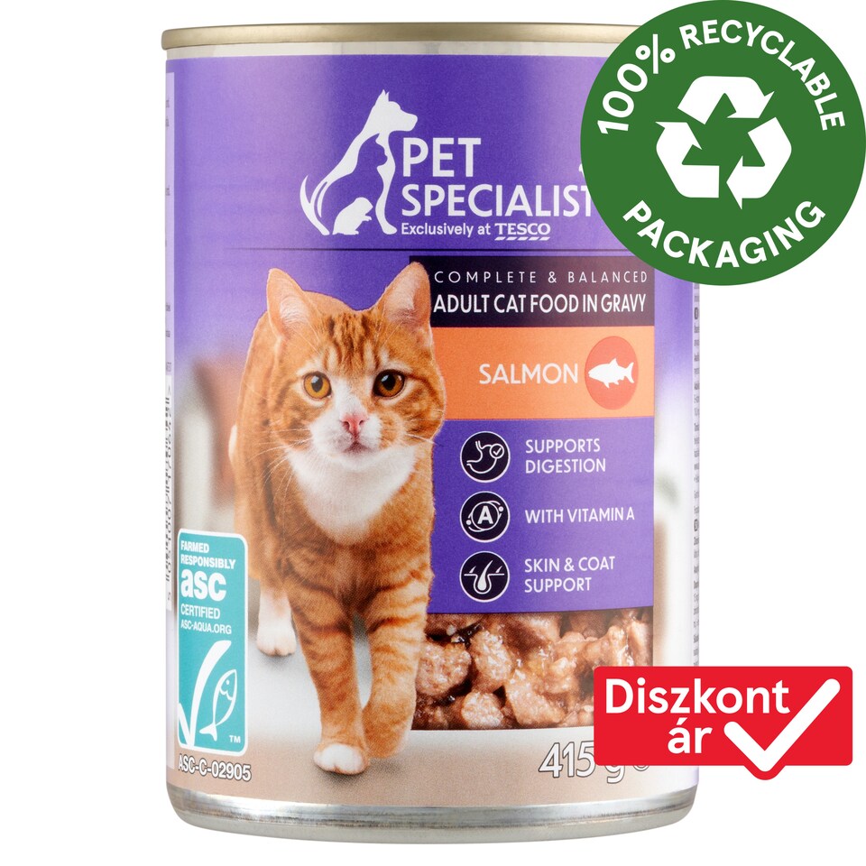Pet Specialist teljes értékű állateledel felnőtt macskák számára falatkák lazaccal szószban 415 g