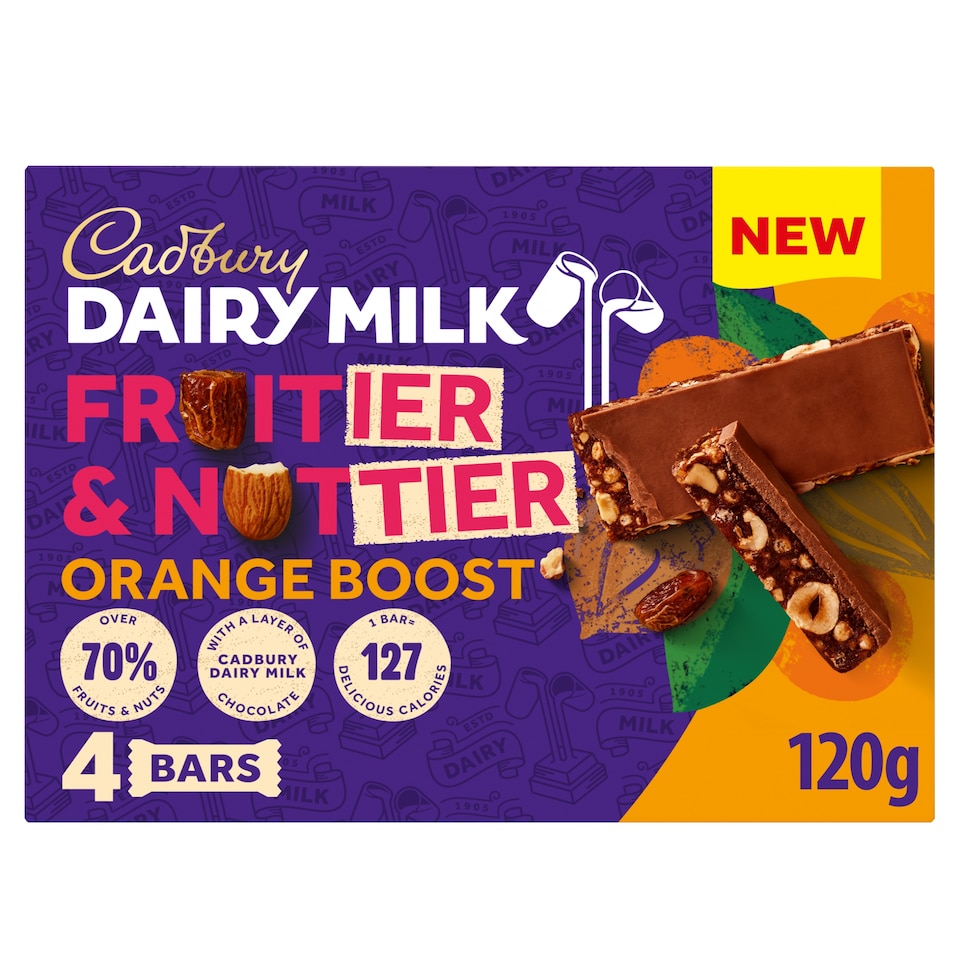 image 1 of Cadbury Dairy Milk Fruitier & Nuttier Orange Boost Chocolate Bars 4 x 30g