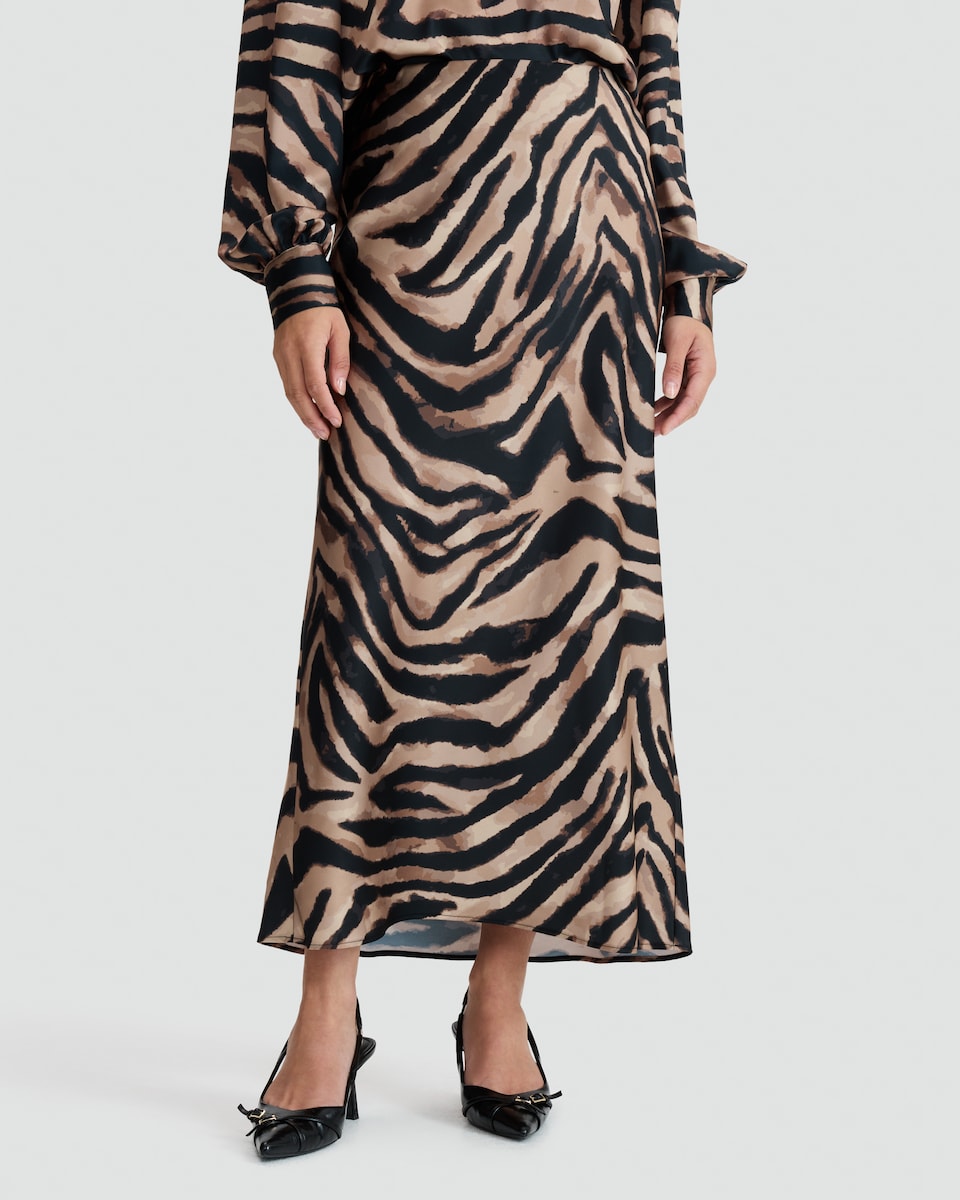 image 1 of F&F Satin Zebra Print Midi Skirt in Multi Brown
