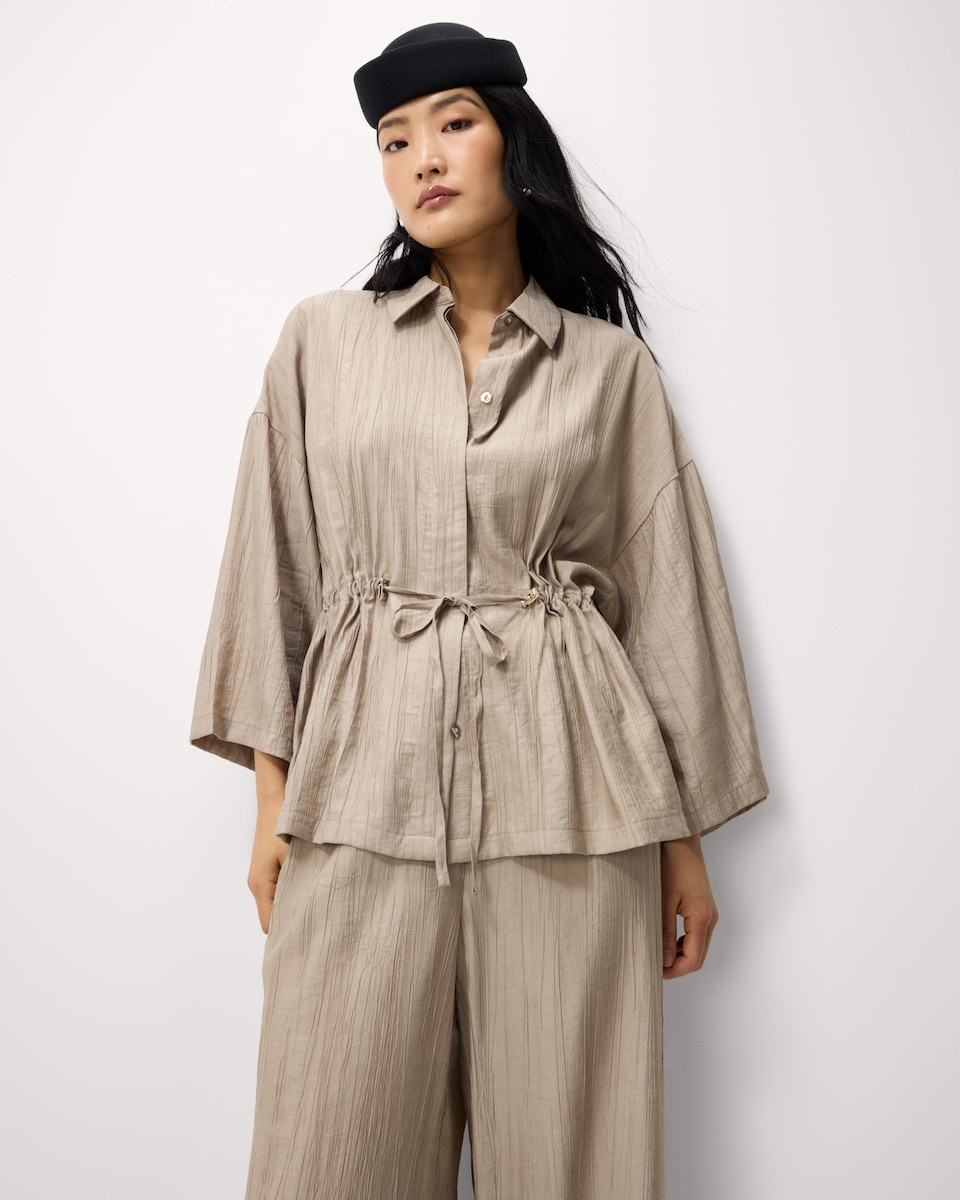 image 1 of F&F Textured Tie Waist Blouse in Mink