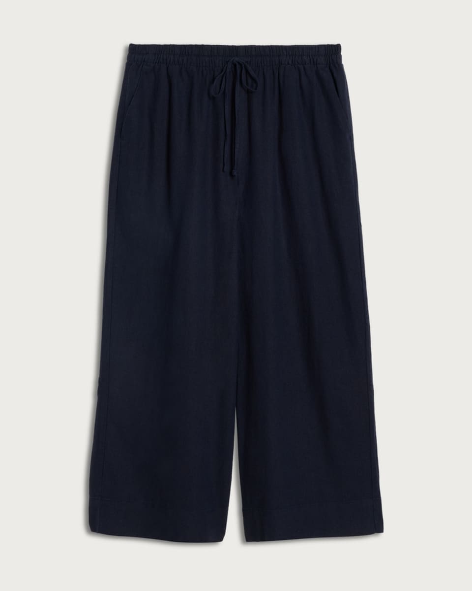image 1 of F&F Linen Rich Wide Leg Cropped Drawstring Trousers in Navy