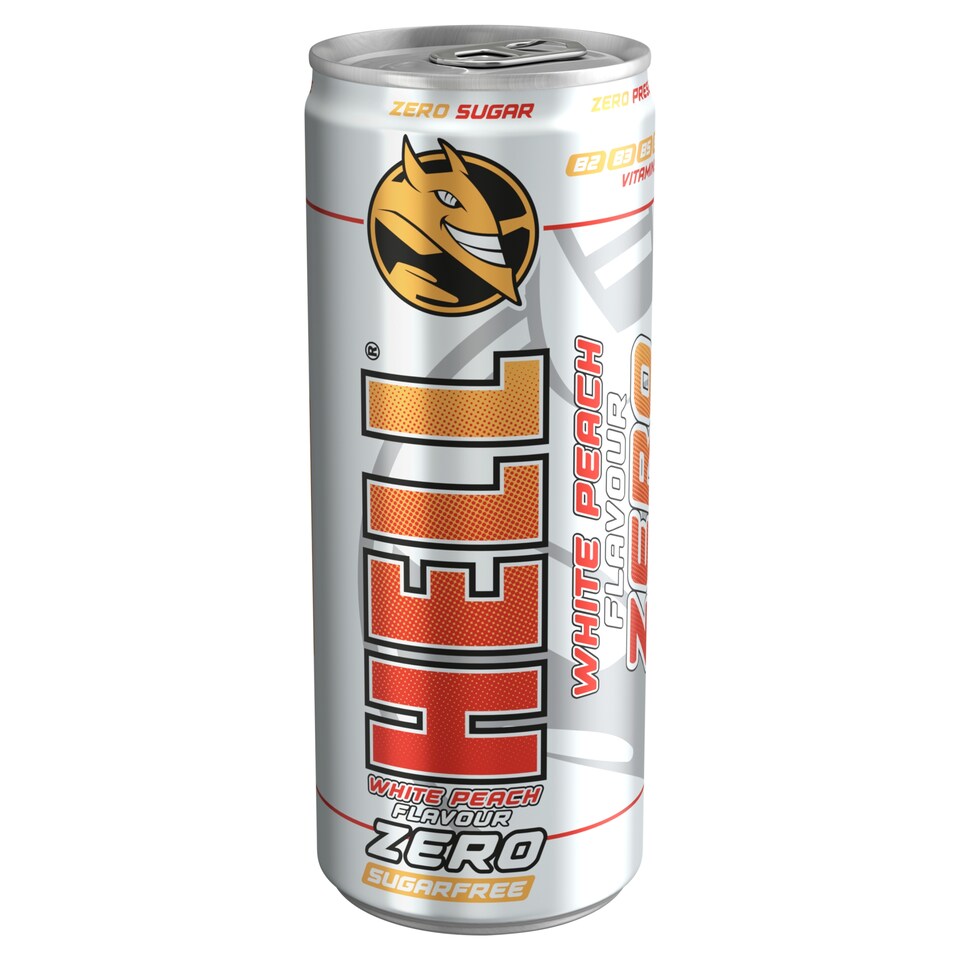 HELL Zero White Peach Flavour Non-Alcoholic Carbonated Drink with Caffeine 250 ml