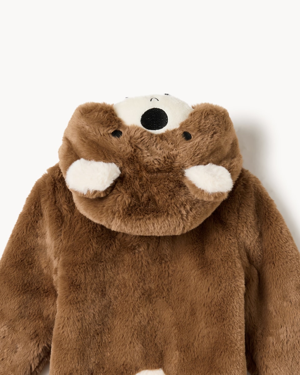 image 1 of F&F Baby Faux Fur Bear Hooded Pramsuit in Brown