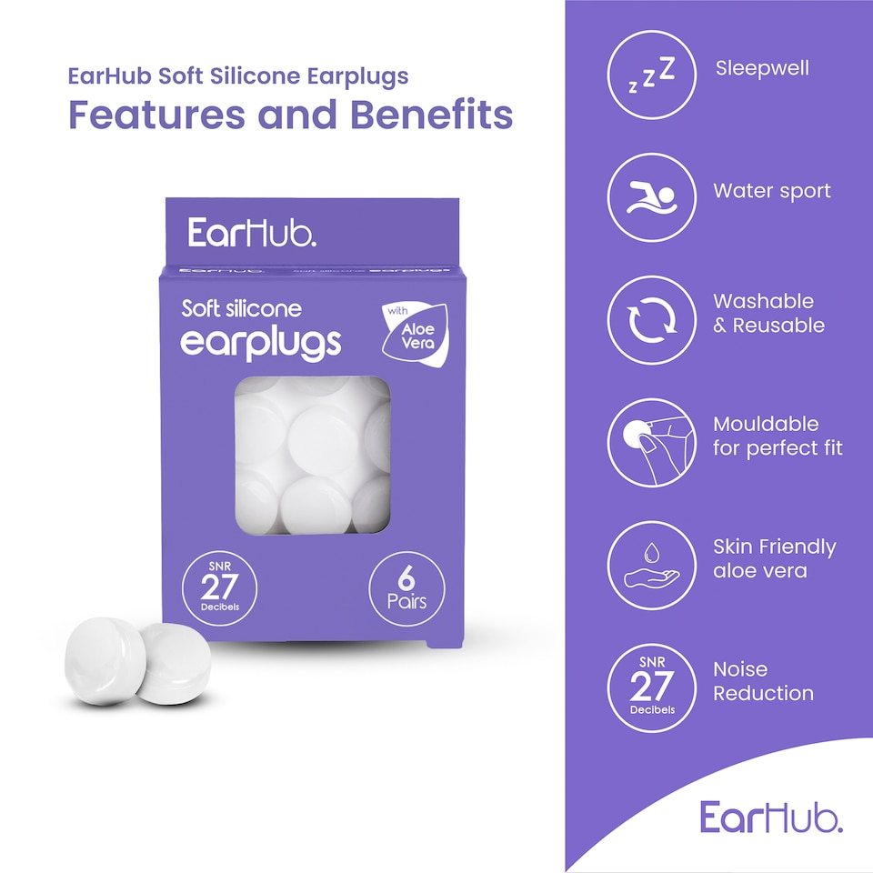 image 1 of EarHub Sleepwell Soft Silicone Earplugs with Aloe Vera 6 Pairs