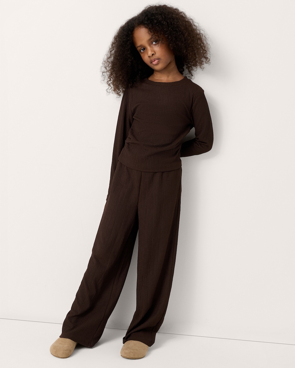 image 1 of F&F Girls Crinkle Textured Top and Trousers Set in Brown