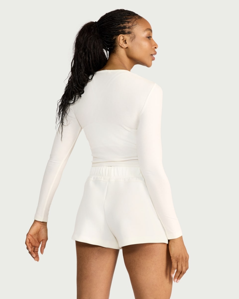 image 1 of F&F Active ULTRASTRETCH Modal Rich Ribbed Long Sleeved T-Shirt in Cream