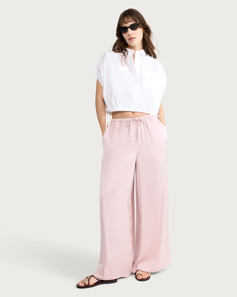 image 1 of F&F Satin Wide Leg Drawstring Trousers in Pink