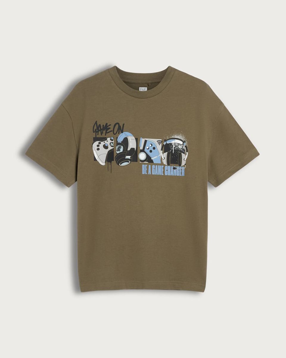 image 1 of F&F Boys Pure Cotton Slogan Short Sleeved T-Shirt in Khaki