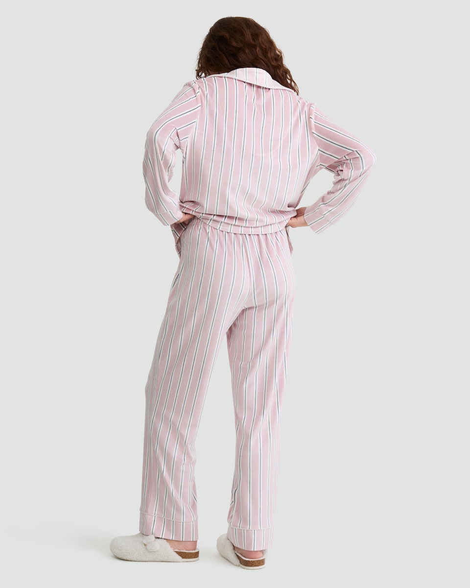 image 1 of F&F Fleece Stripe Print Revere Pyjamas Set in Pink