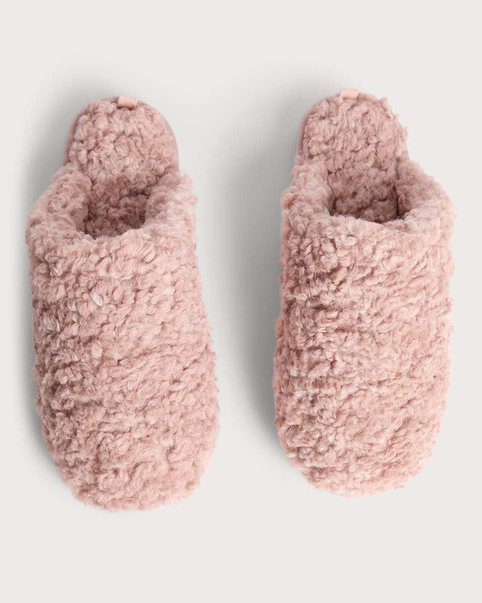 image 1 of F&F Borg Textured Hard Sole Backless Slippers in Pink