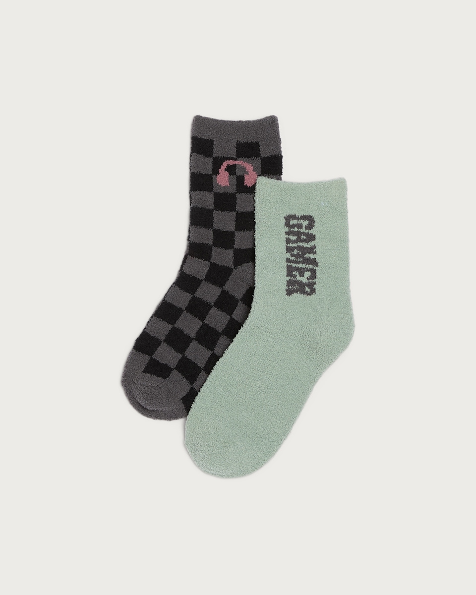 F&F Boys 2-Pack Gamer Check Print Cosy Socks in Multi
