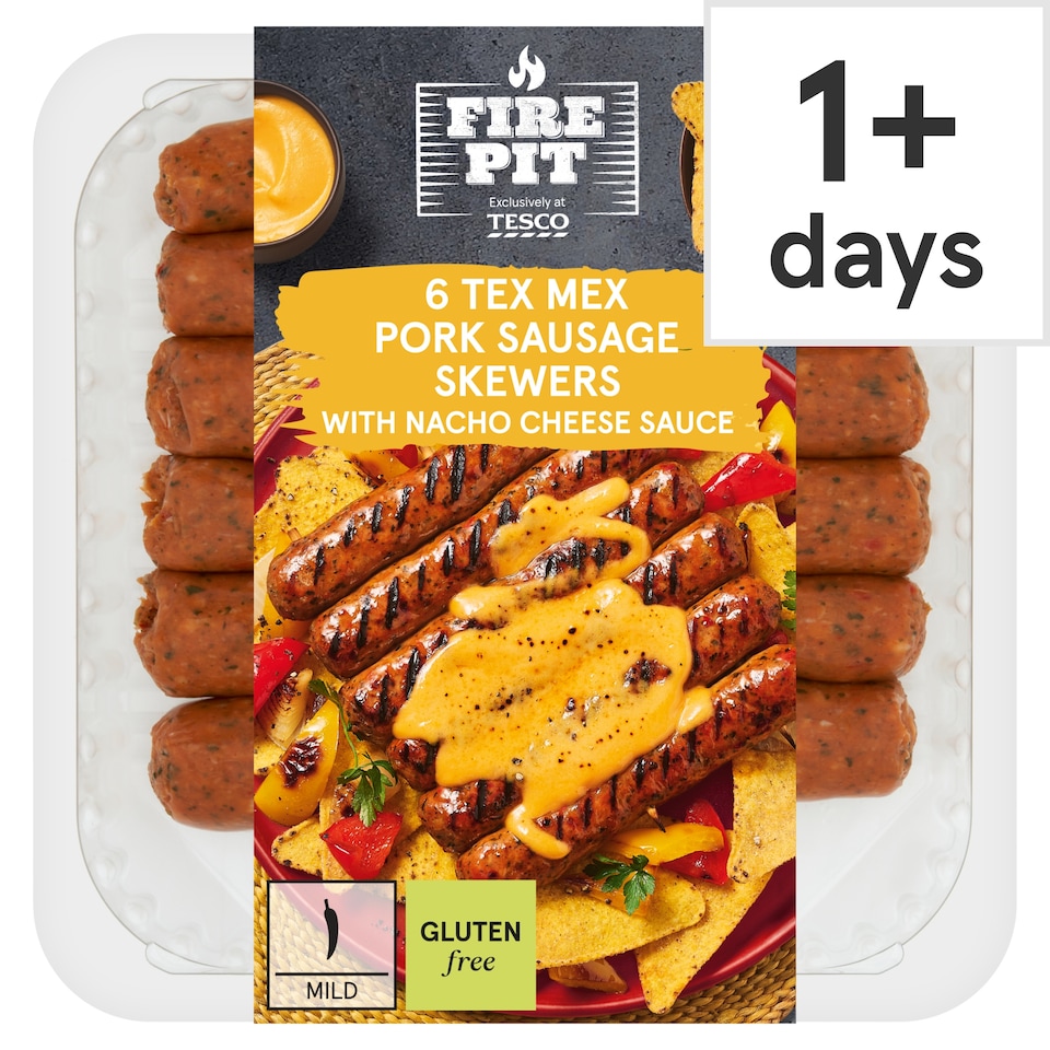 Fire Pit Tesco 6 Tex Mex Sausage Skewers with Nacho Cheese Sauce 460g