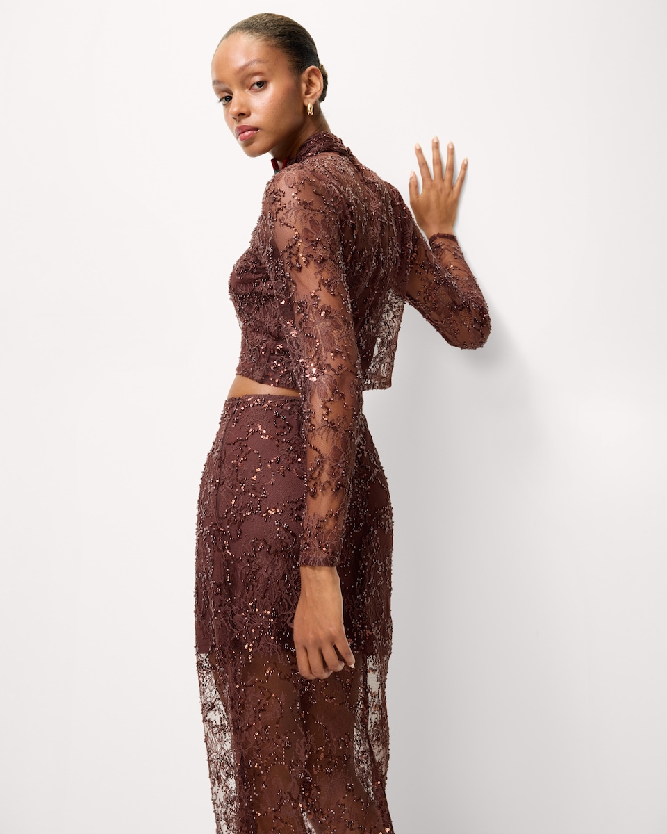 image 1 of F&F Beaded Lace Co-ord Top in Chocolate