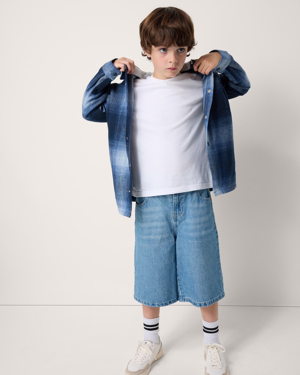 image 1 of F&F Boys Check Hooded Shirt in Blue