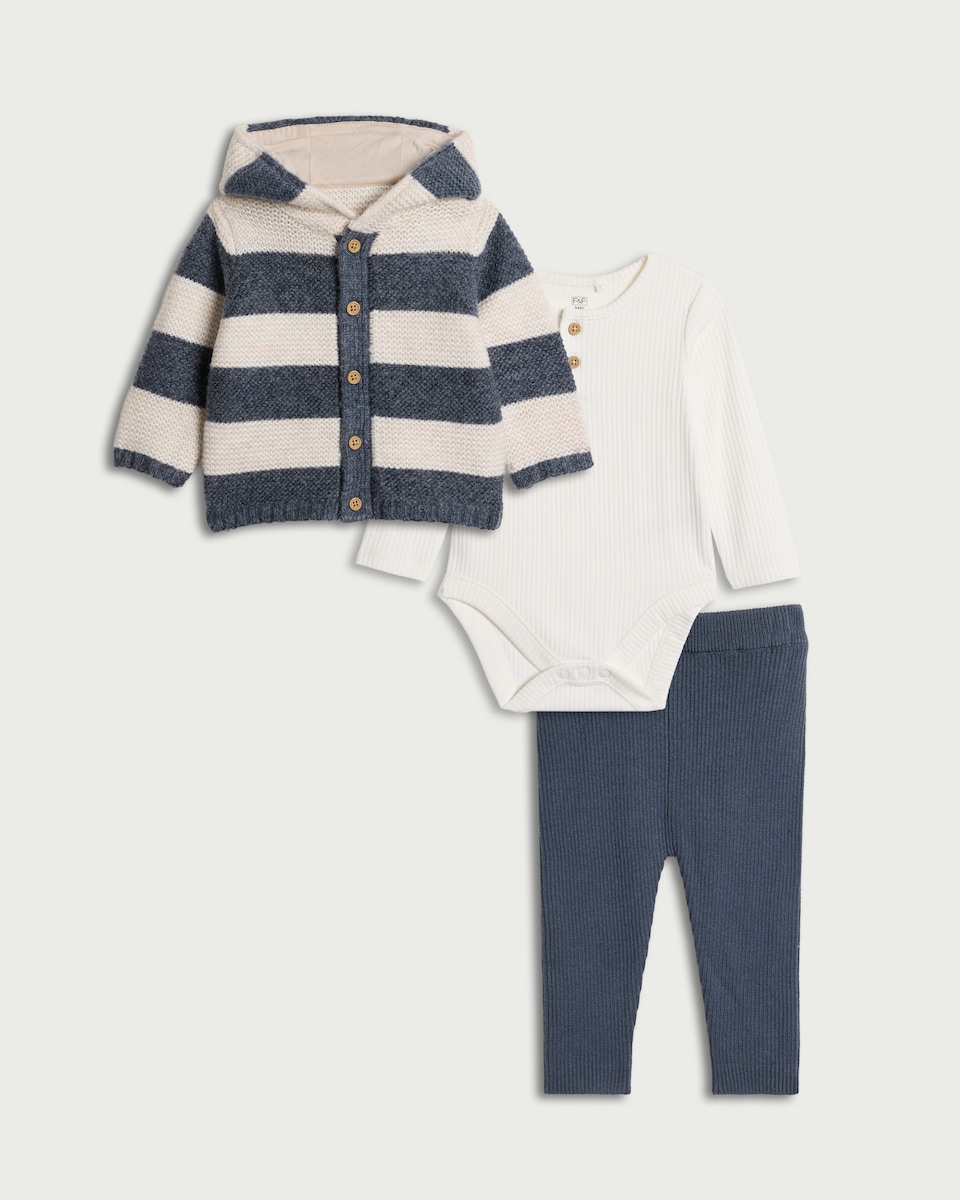 image 1 of F&F Baby 3-Piece Striped Knitted Cardigan, Bodysuit and Legging Set in Blue