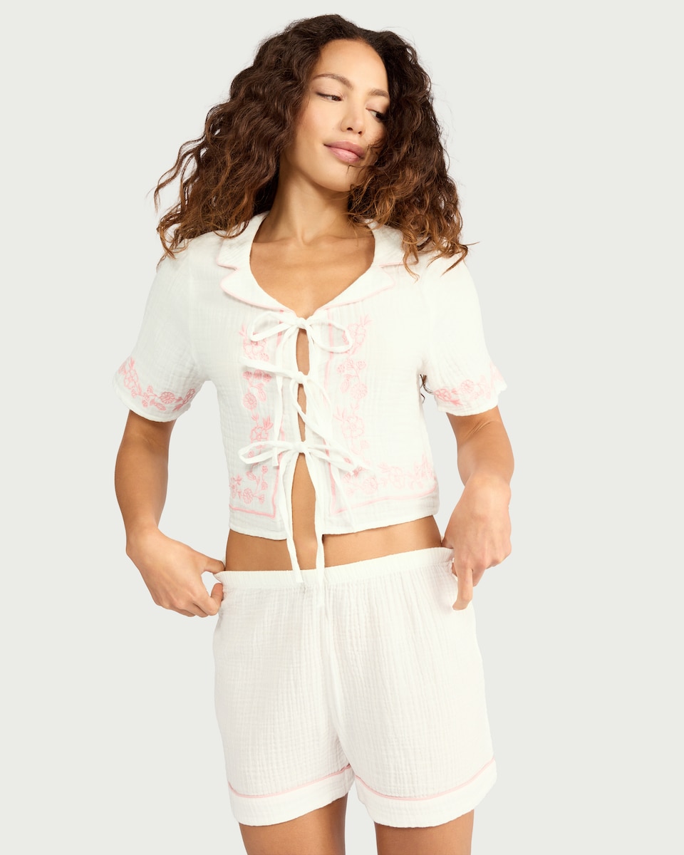 image 1 of F&F 2-Piece Pure Cotton Embroidered Pyjama Set in Cream