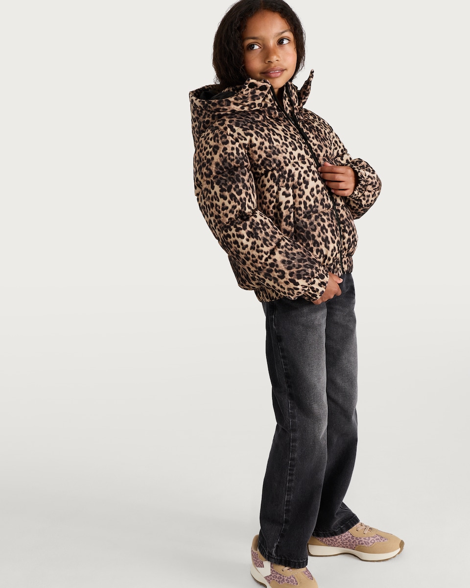 image 1 of F&F Girls Cropped Leopard Print Hooded Shower Resistant Jacket in Multi Brown