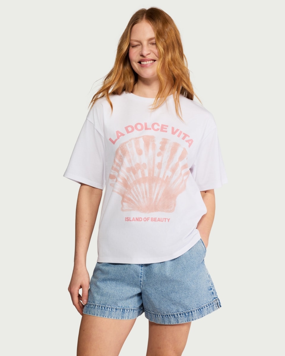 image 1 of F&F Pure Cotton Graphic Oversized T-Shirt in White