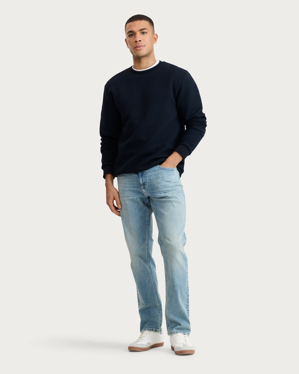 image 1 of F&F Cotton Rich Textured Crew Neck Sweatshirt in Navy