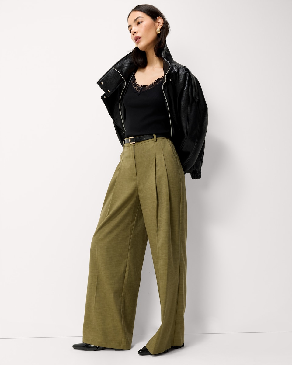image 1 of F&F Pleated Wide Leg Belted Trousers in Khaki