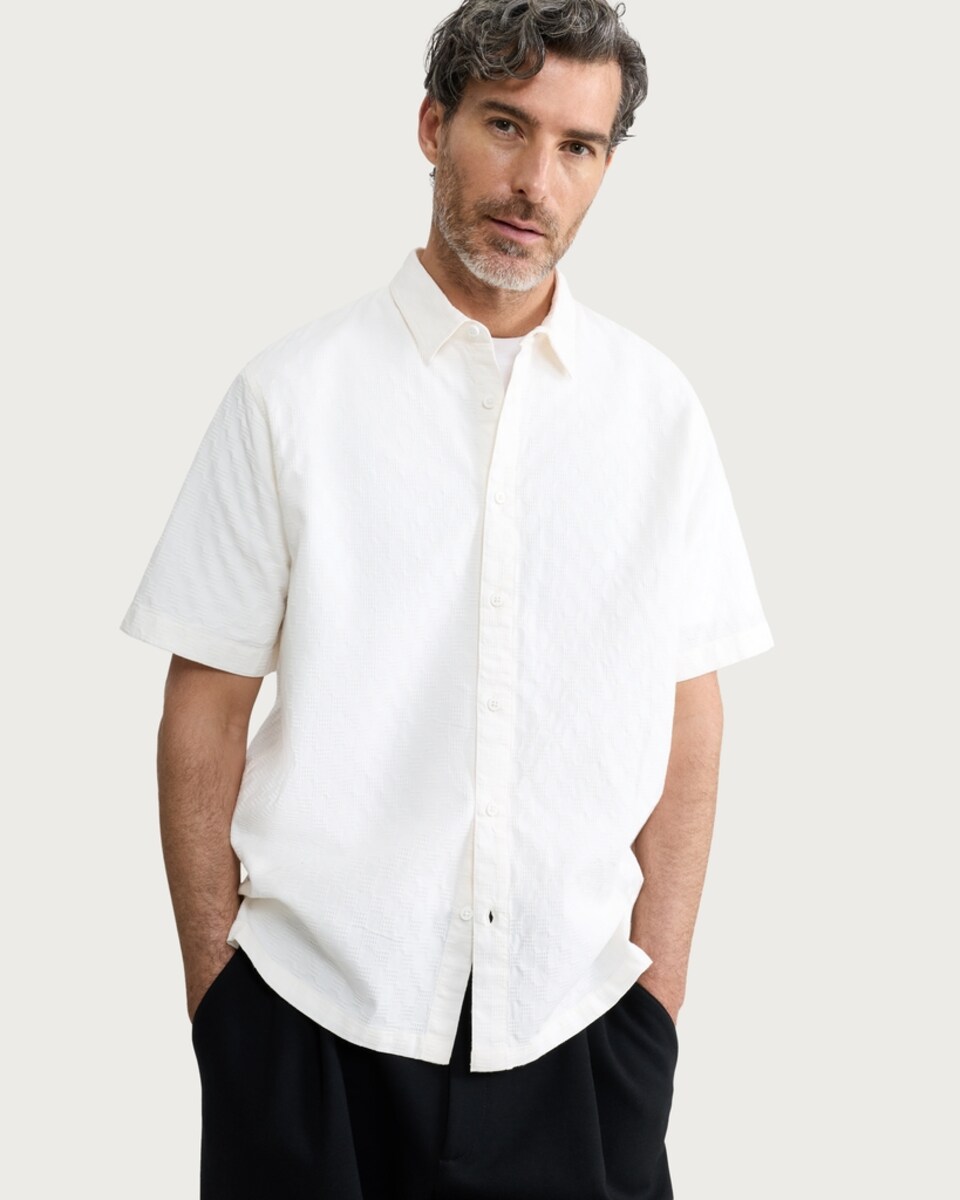 image 1 of F&F Pure Cotton Textured Short Sleeved Shirt in White