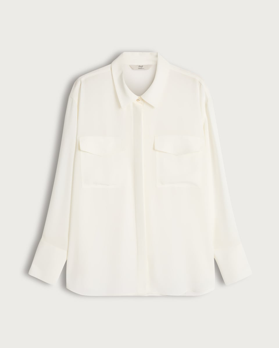 F&F Satin Long Sleeved Pocket Front Shirt in Cream