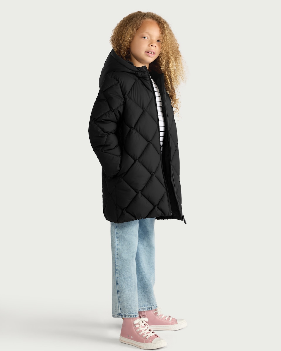 image 1 of F&F Girls Quilted Shower Resistant Longline Coat in Black