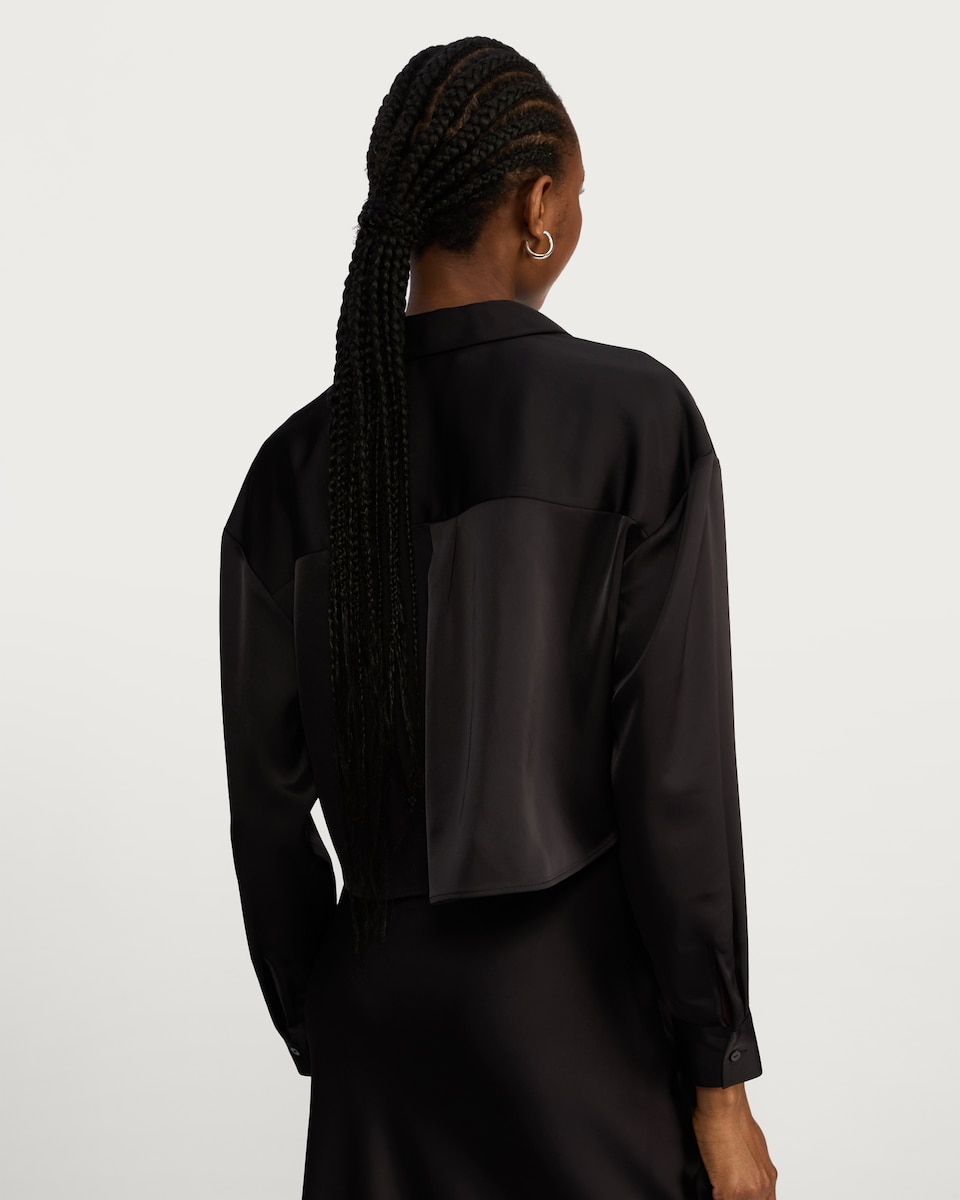 image 1 of F&F Satin Pocket Detail Cropped Button Up Shirt in Black