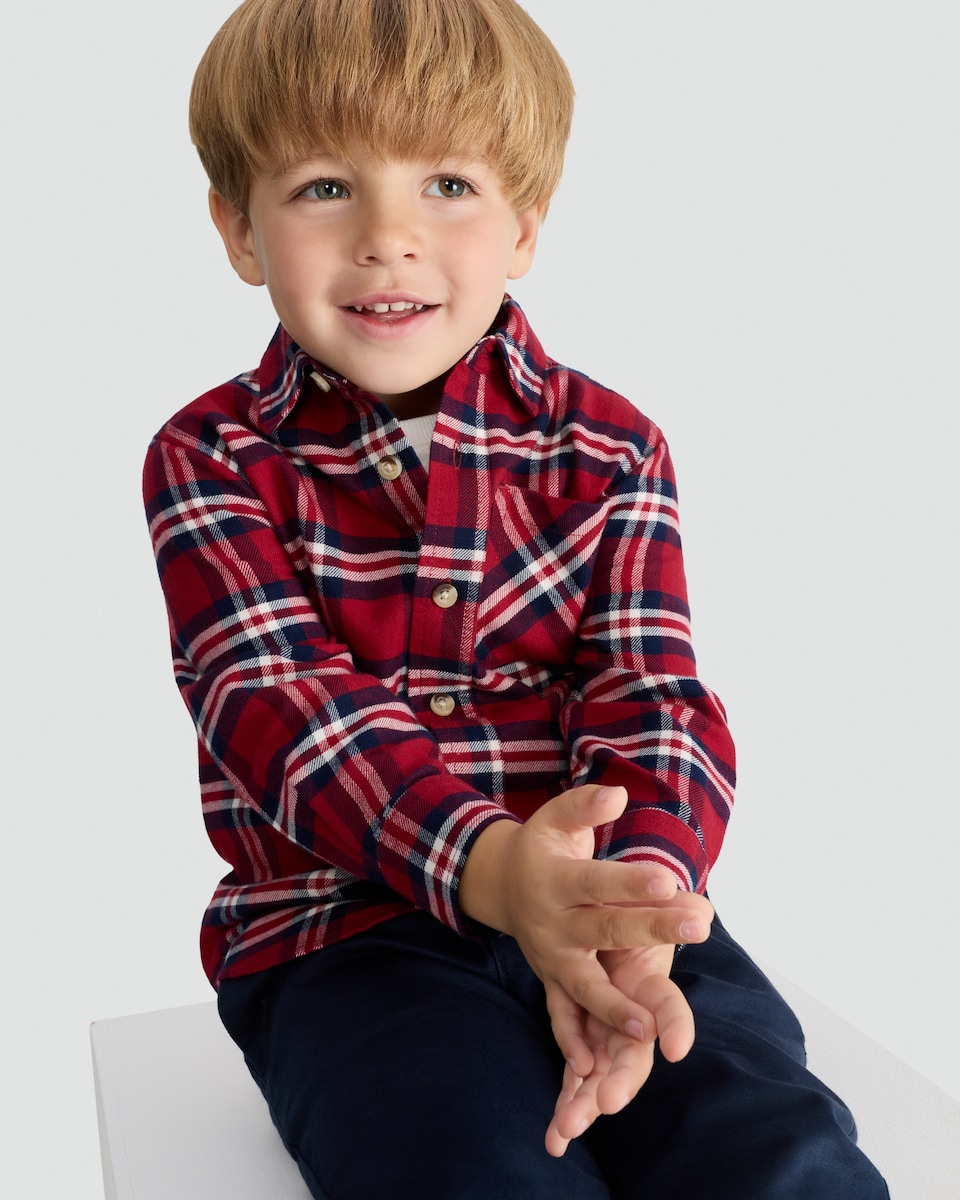 image 1 of F&F Boys Pure Cotton Check Print Long Sleeved Shirt in Red