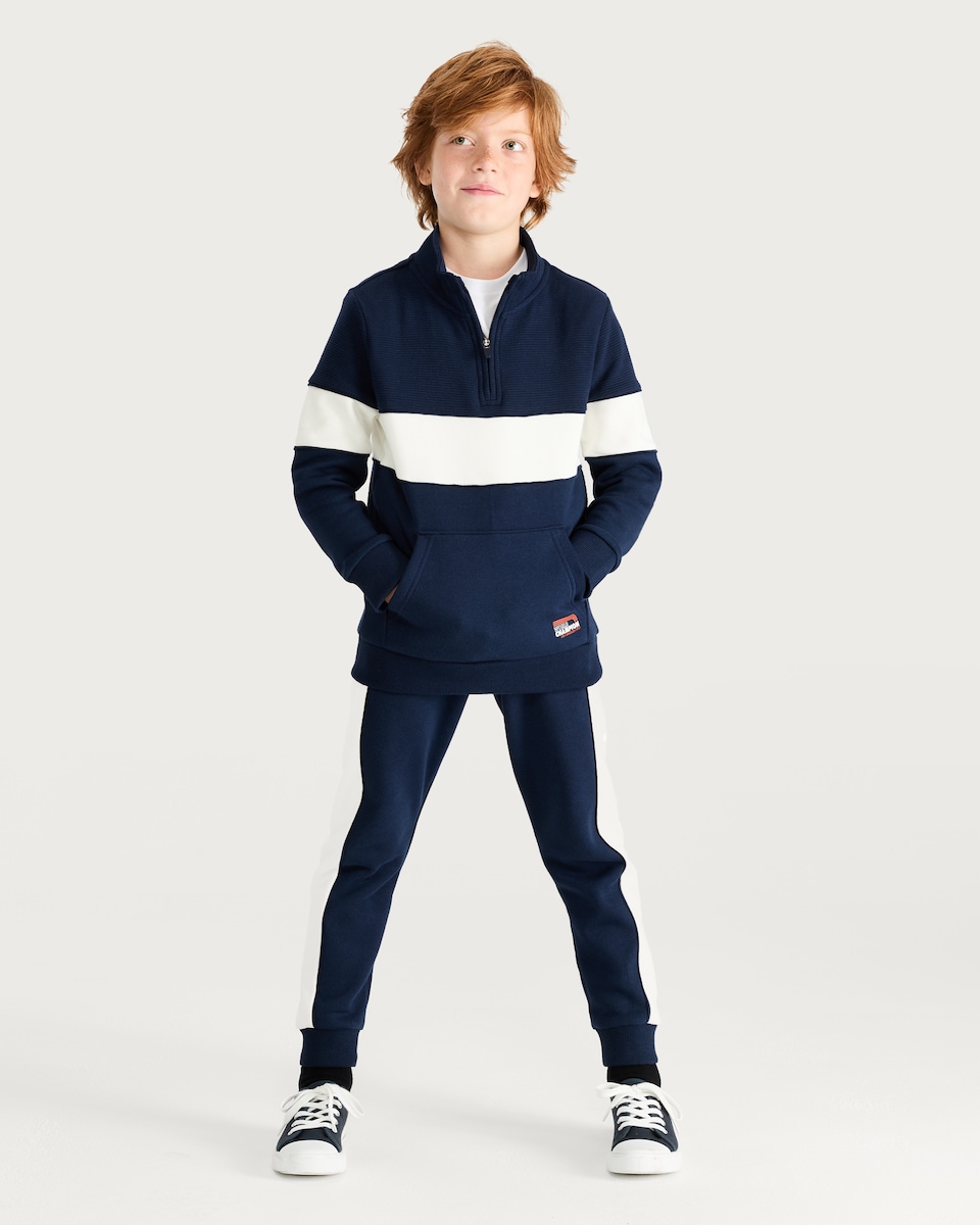 image 1 of F&F Boys 2-Piece Cotton Rich Colour Block Sweatshirt and Joggers Set in Navy