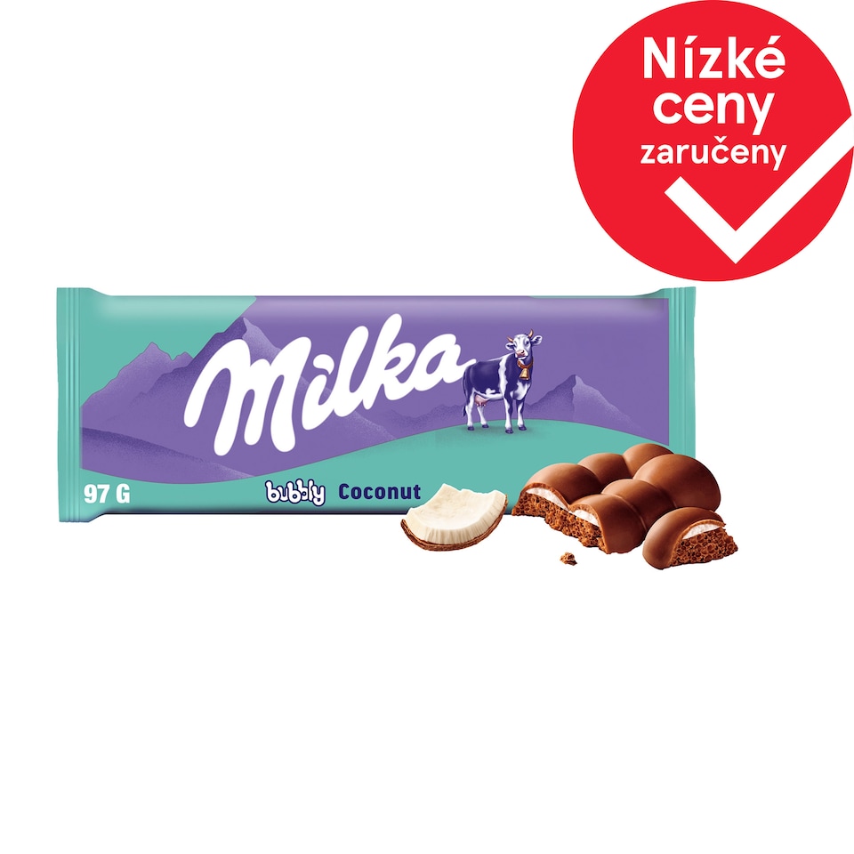 Milka čokoláda Bubbly mléčná z alpského mléka s kokosovou náplní, s bublinkami 97g