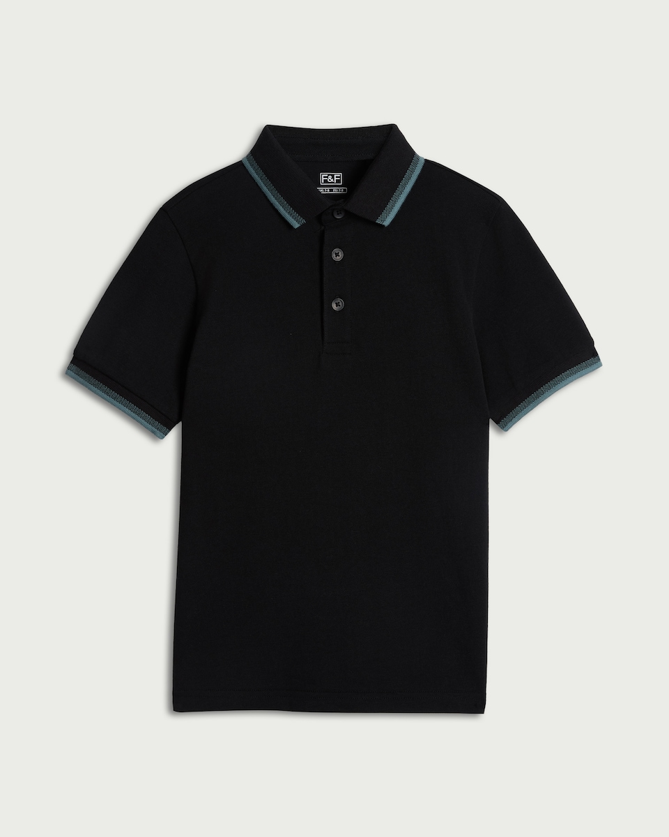 image 1 of F&F Boys Pure Cotton Tipped Polo Shirt in Black