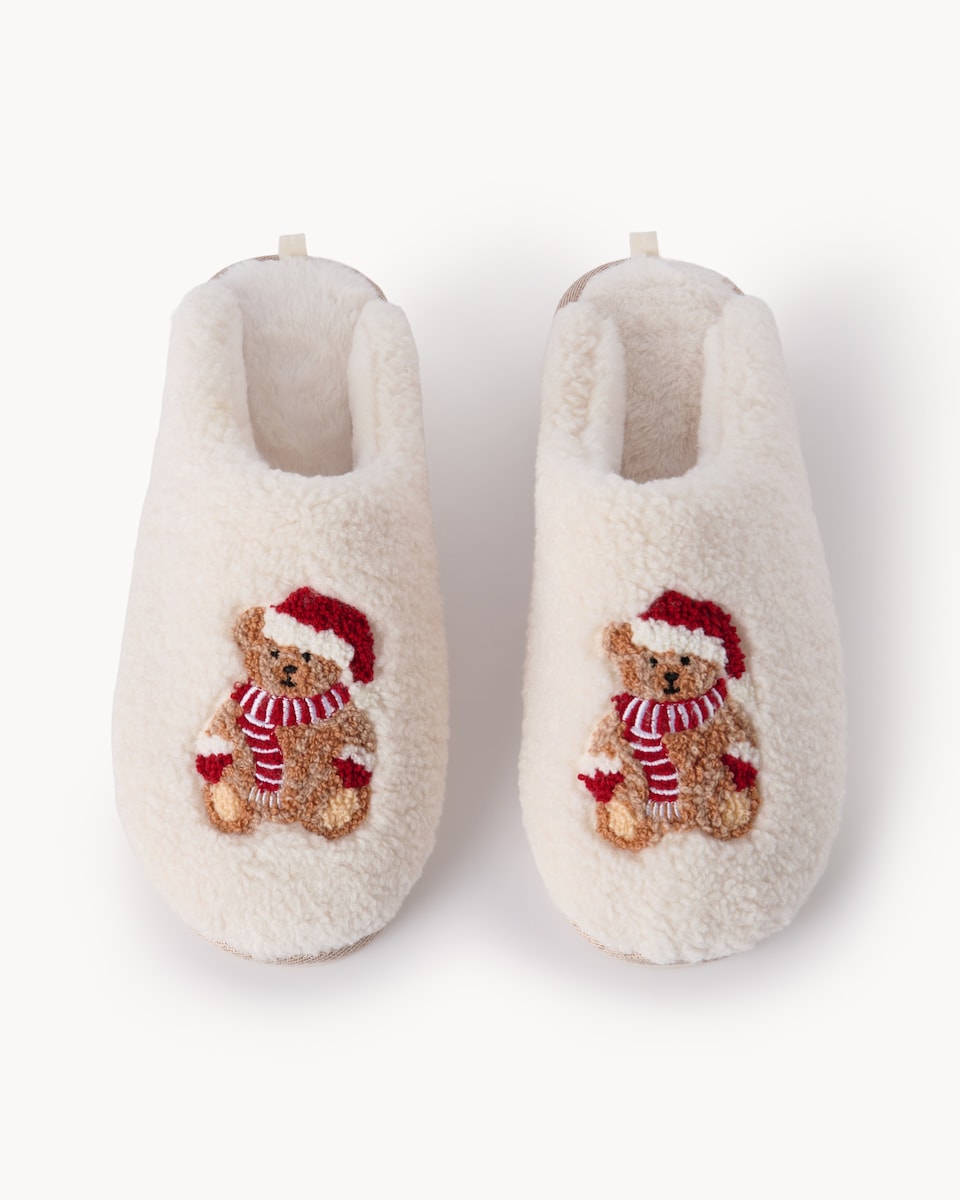image 1 of F&F Borg Teddy Bear Mule Slippers in Cream