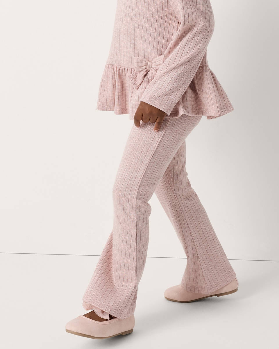 image 1 of F&F Girls Sparkly Ribbed Peplum Top and Flared Leggings Set in Pink