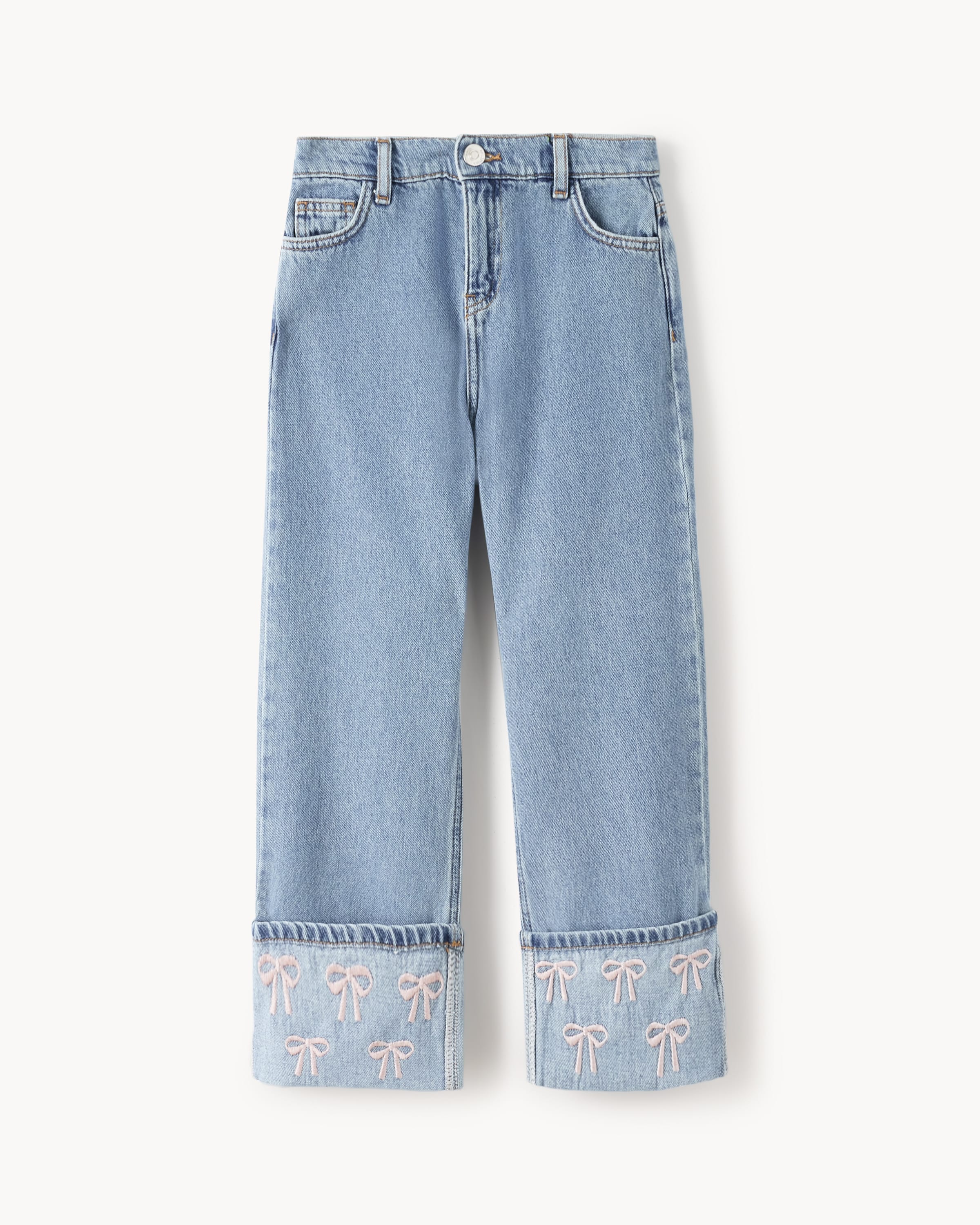 F&F Girls Cotton Rich Embroidered Bow Turn Up Wide Leg Jeans in Blue