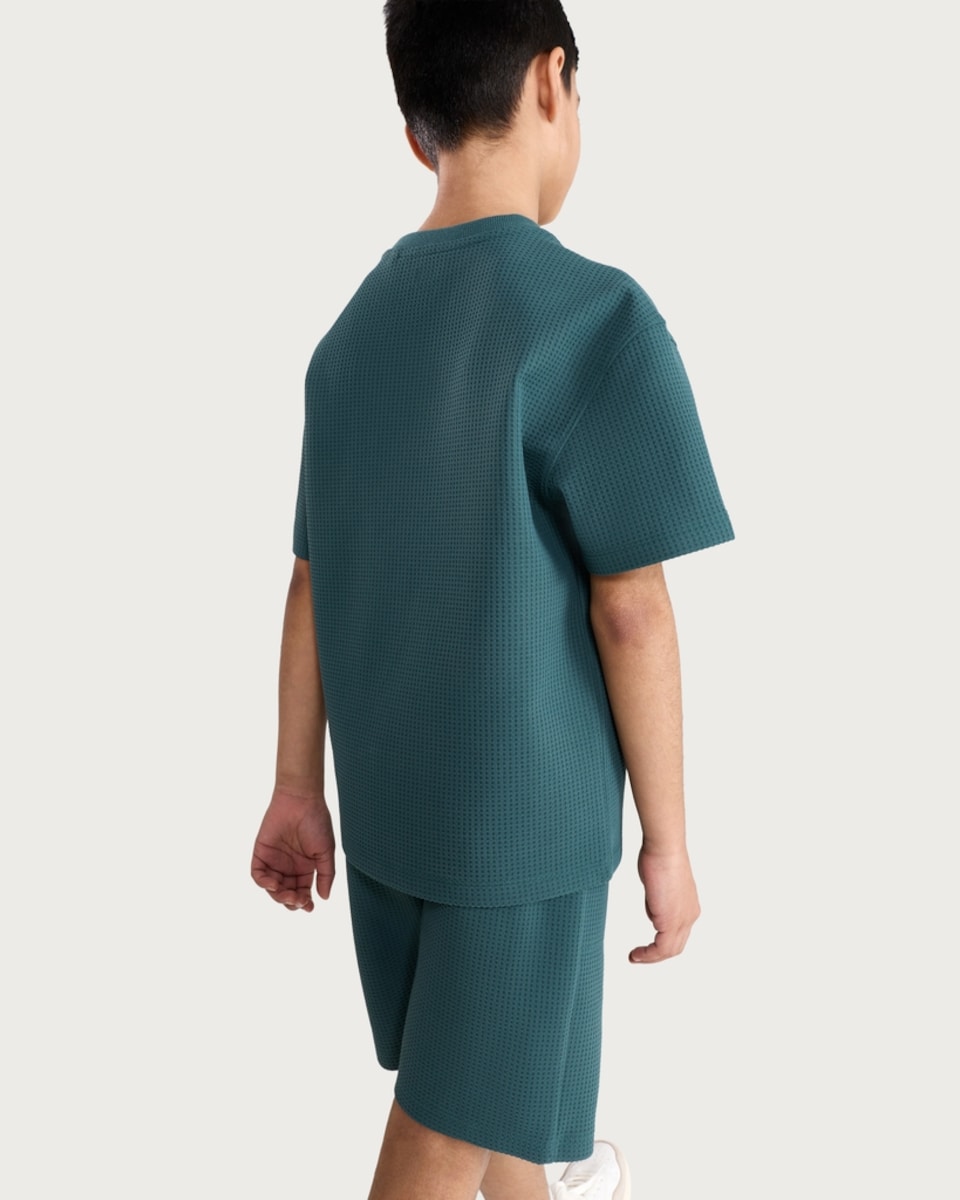 image 1 of F&F Boys 2-Piece Waffle Textured T-Shirt and Shorts in Green