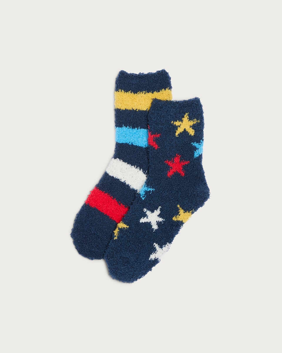 F&F Boys 2-Pack Fluffy Star and Stripe Cosy Socks in Navy