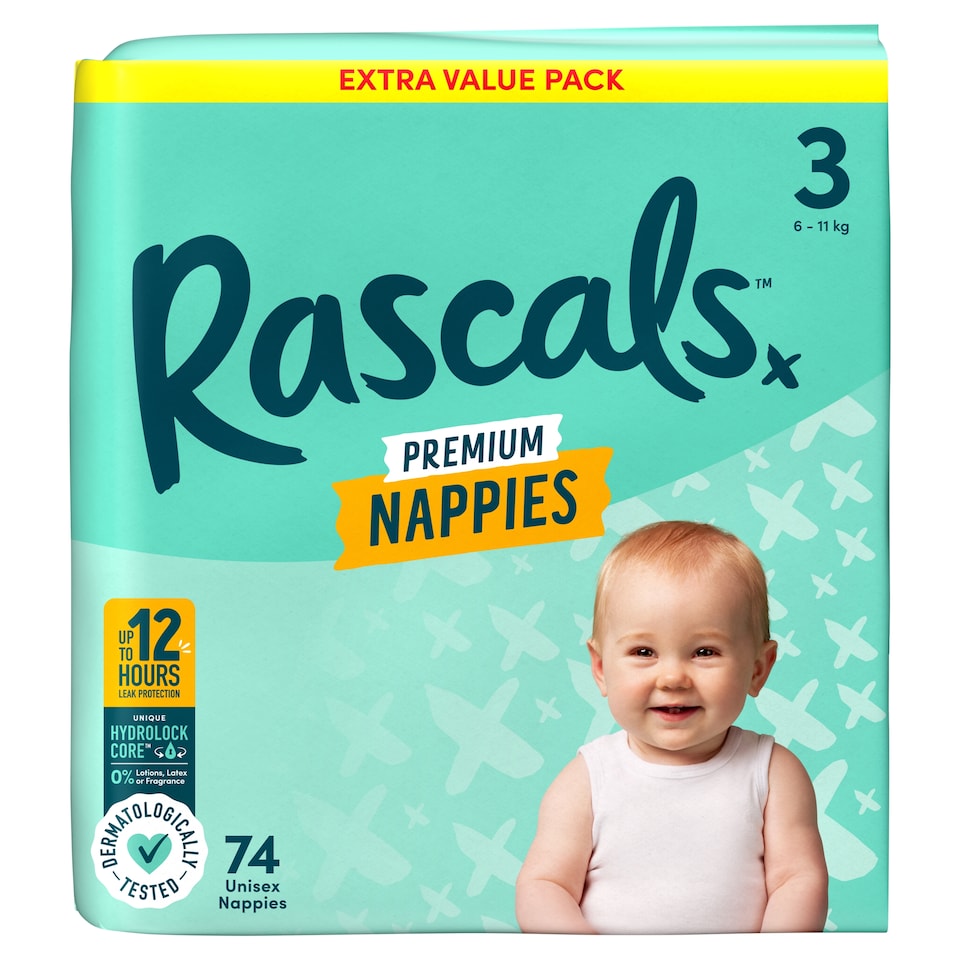 image 1 of Rascal + Friends Premium Nappies Size 3, Jumbo 74 Pack