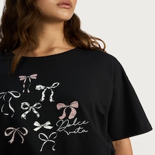 F&F Pure Cotton Bow Print Short Sleeved Pyjama Top in Black
