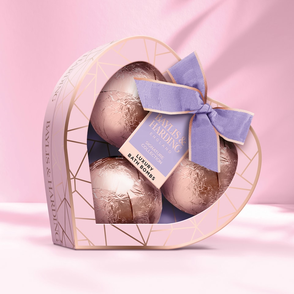 image 1 of Baylis & Harding Jojoba, Vanilla & Almond Oil Luxury Bath Bomb Heart Trio Gift Set 3 x 120g