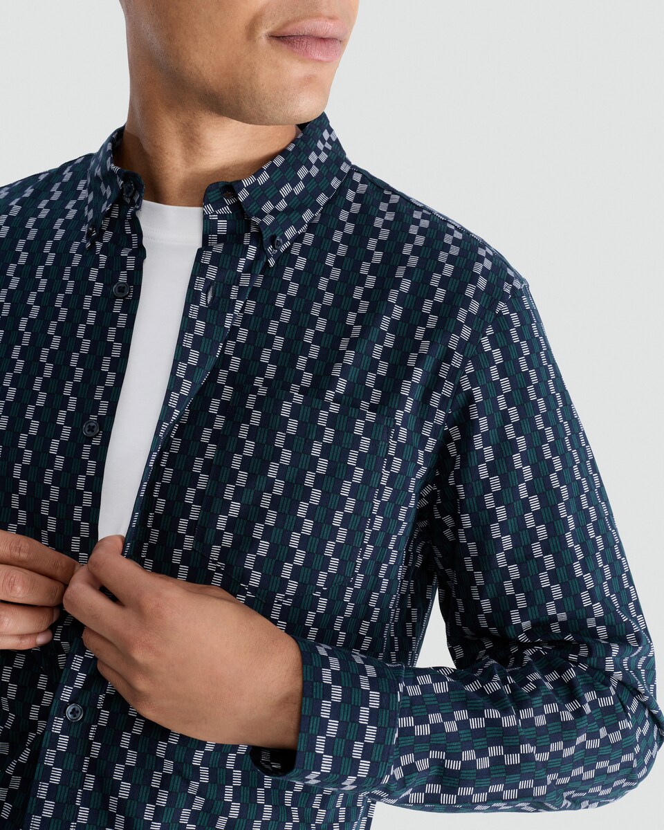 image 1 of F&F Cotton Rich Geometric Print Long Sleeved Shirt in Green