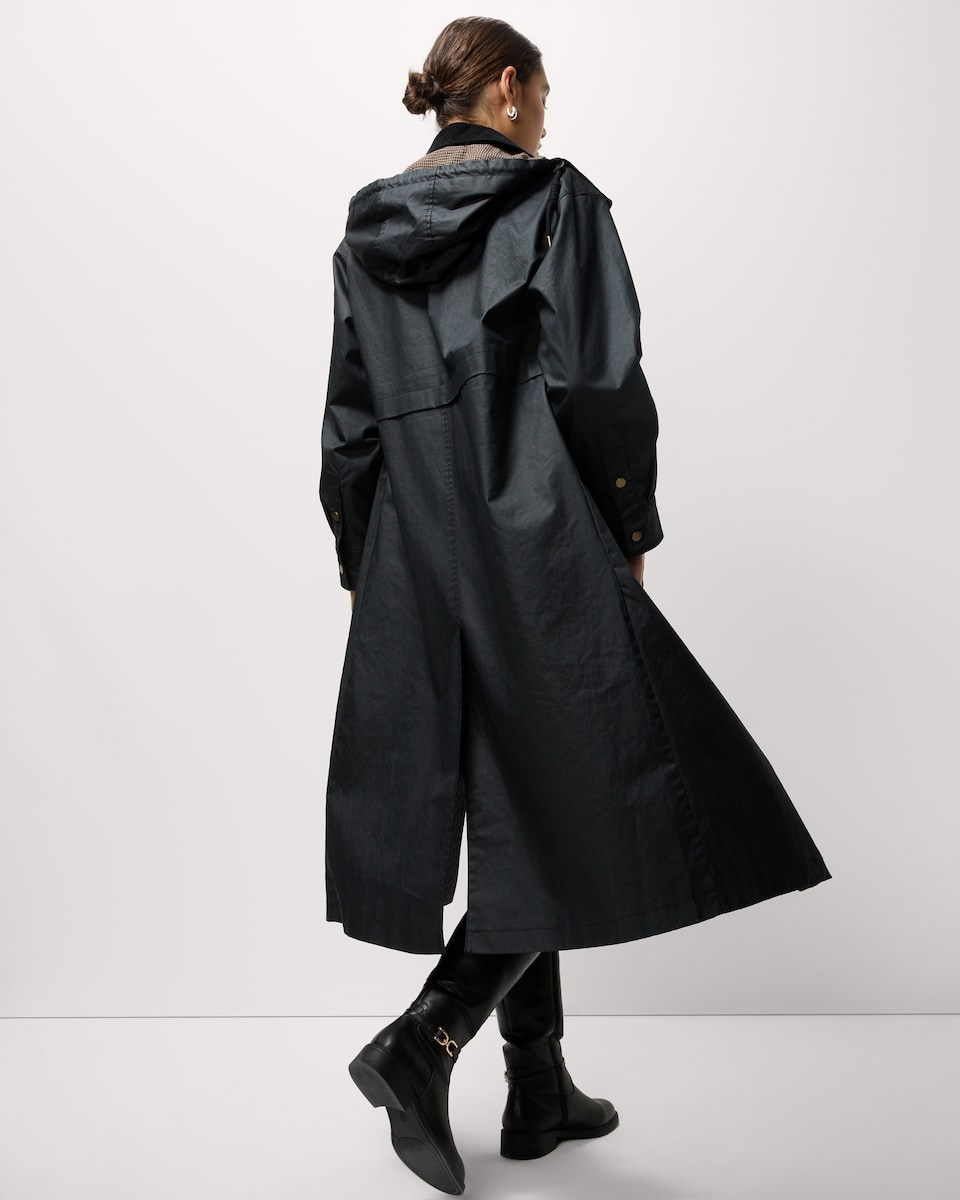image 1 of F&F Pure Cotton Waxed Hooded Trench Coat in Black