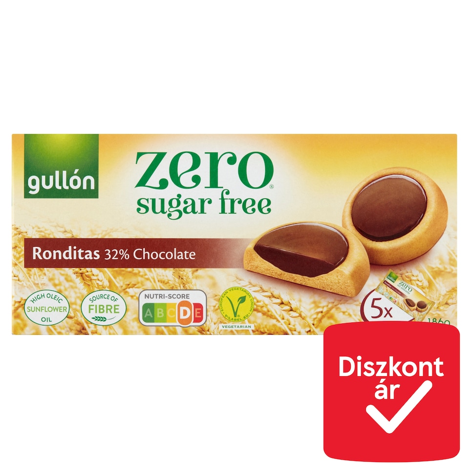 Gullón Zero cukormentes étcsokoládéval bevont keksz édesítőszerrel 5 x 37,2 g (186 g)  1. kép