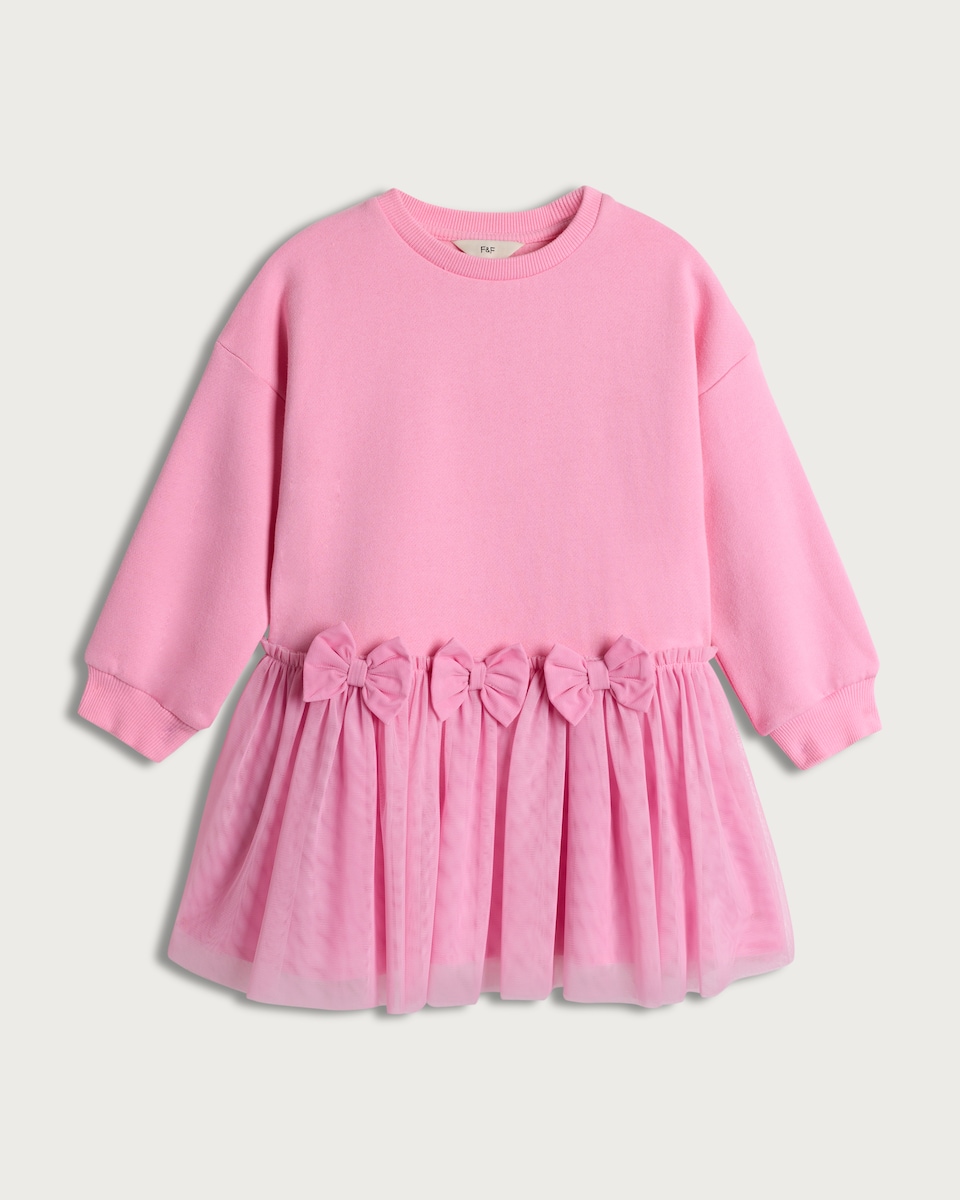 image 1 of F&F Girls Bow Detail Tulle Skirt Sweater Dress in Pink