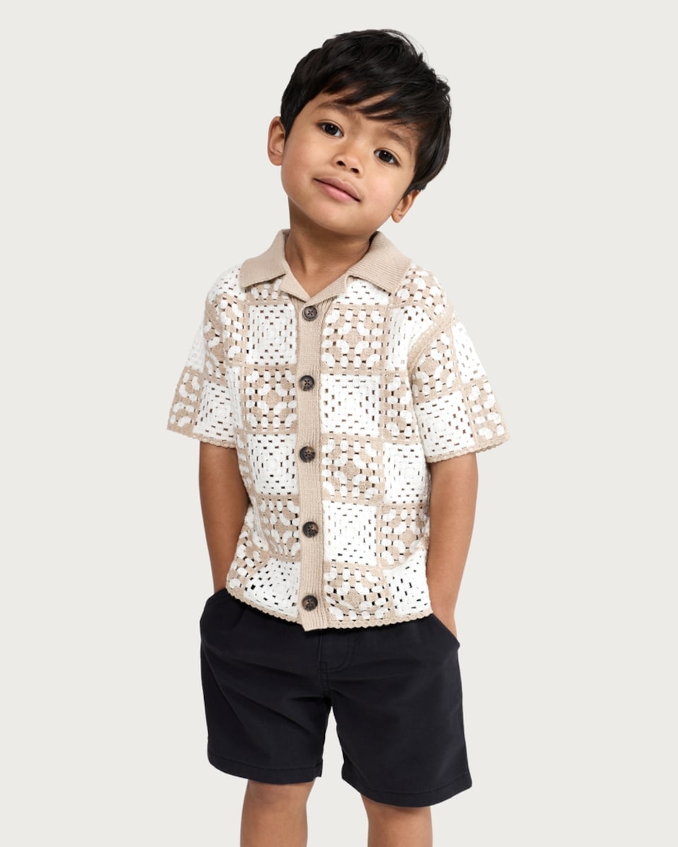 image 1 of F&F Boys Cotton Rich Knitted Patchwork Short Sleeved Shirt in Stone