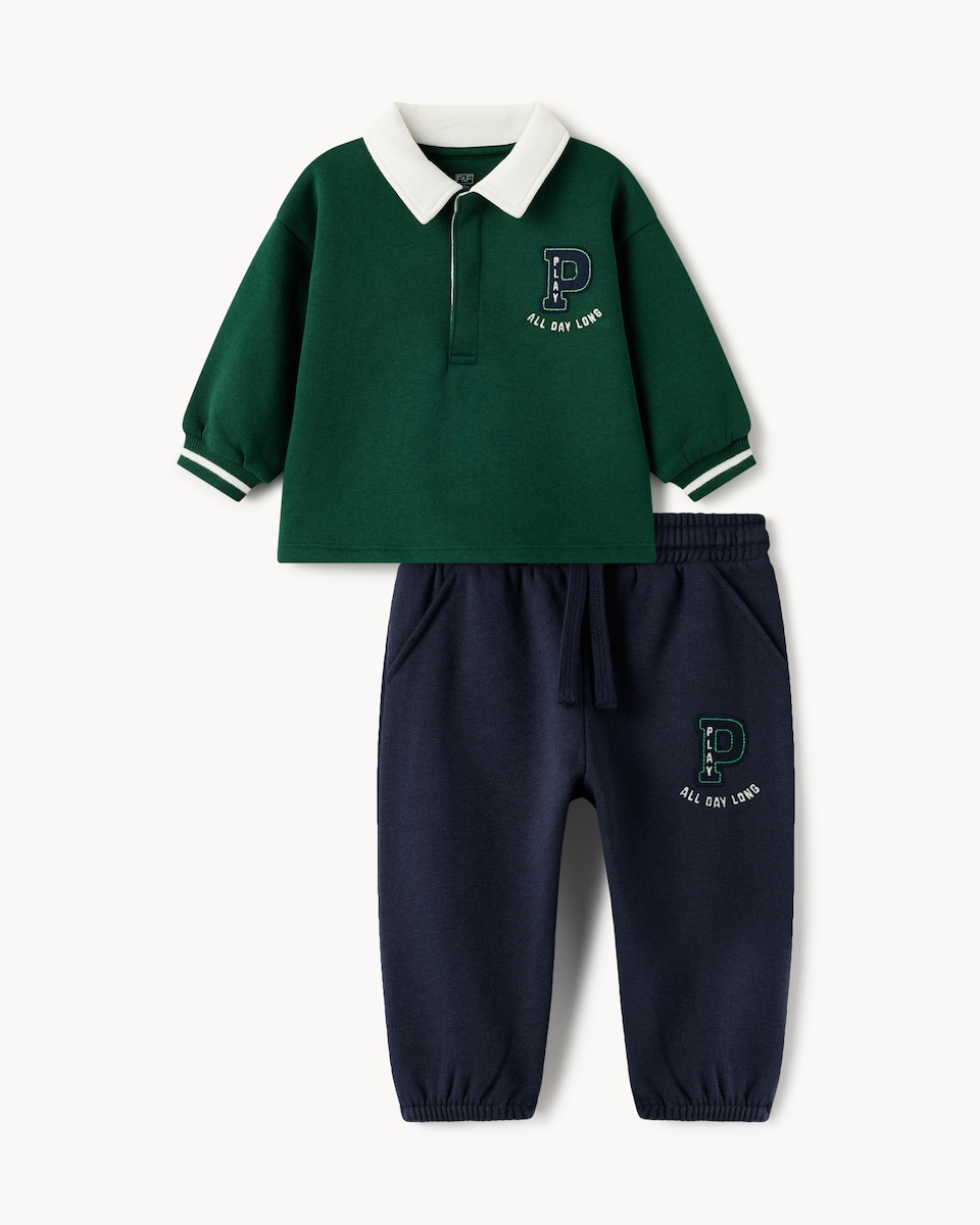 image 1 of F&F Baby 2-Piece Cotton Rich Rugby Sweatshirt and Joggers Set in Green