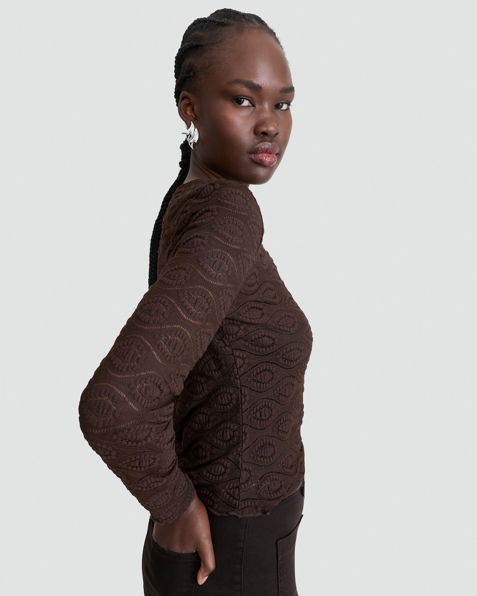 image 1 of F&F Lace Textured Long Sleeved Top in Olive
