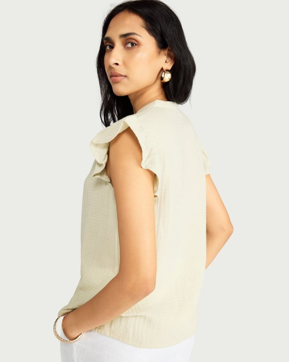 image 1 of F&F Pure Cotton Double Cloth Ruffle Sleeved Blouse in Green