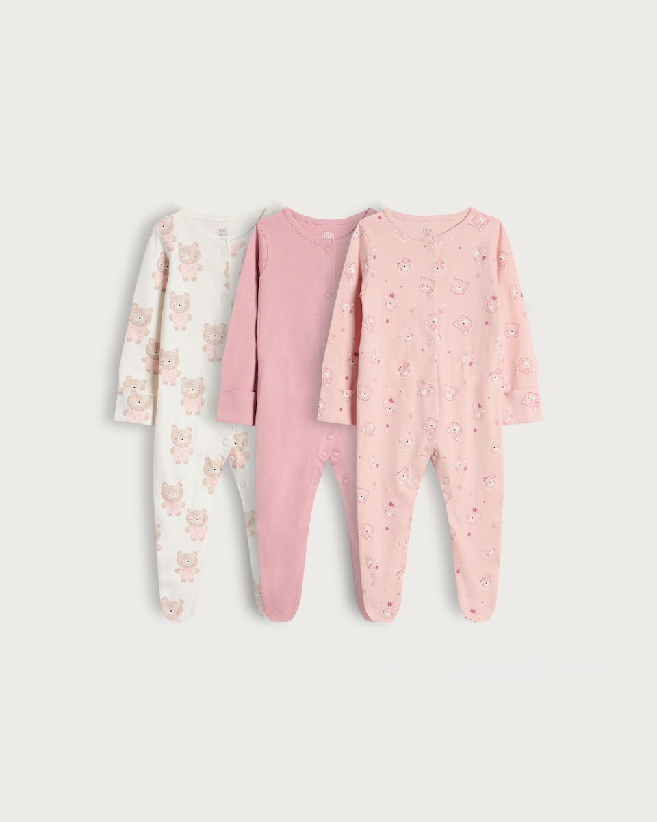 image 1 of F&F Baby 3-Pack Pure Cotton Bear Print Sleepsuits in Pink